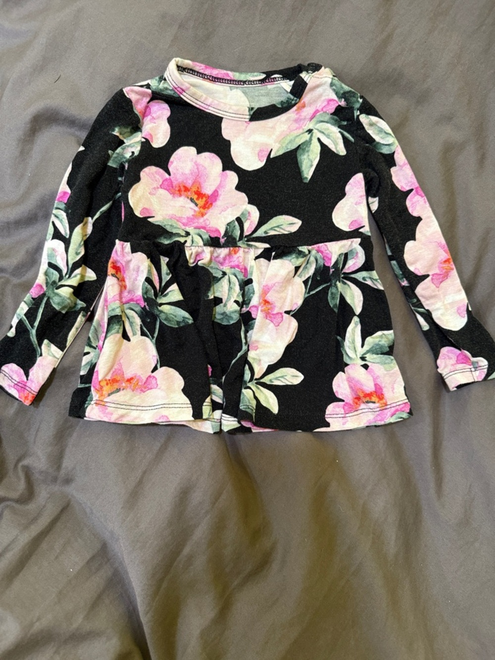 Posh Peanut Black Long-Sleeve Floral Peplum Top - Pink & Green